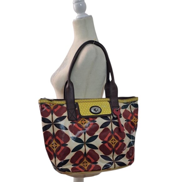 Fossil Key Tote Bag Purse Coated Canvas Red Floral Print Boho Y2K Retro Vintage - Picture 3 of 10